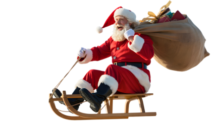 Santa claus riding a wooden sled with a sack of gifts on his back isolated on transparent background