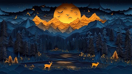 3D dark blue and gold luxury landscape wallpaper with deer, trees, mountains, river and birds in paper art style
