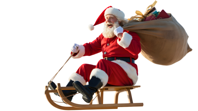 Santa claus riding a wooden sled with a sack of gifts on his back isolated on transparent background - Powered by Adobe