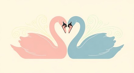 Fototapeta premium Elegant Pink and Blue Swans Forming a Heart Shape in a Whimsical Design