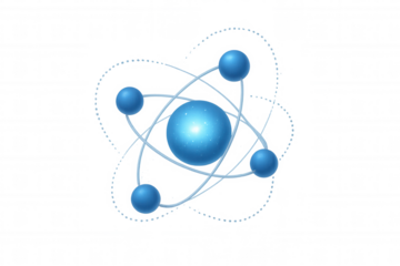 Atomic structure model showing electron orbits around a glowing nucleus, transparent background