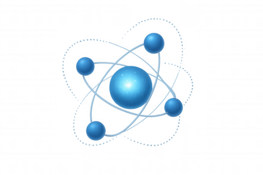 Atomic structure model showing electron orbits around a glowing nucleus, transparent background
