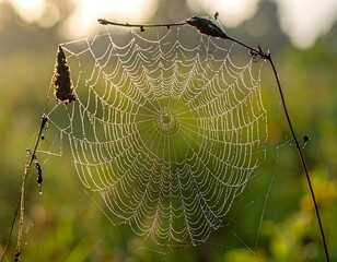 Dew-kissed spider web at dawn