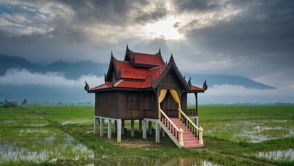 AI Generated: Traditional Malay Wooden House
A hyper-realistic cinematic wide shot of a majestic traditional Malay wooden stilt house with multiple gabled roofs. The house stands elevated on tall stil