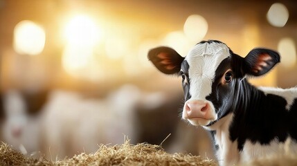 Newborn calf on hay in farmhouse barn blurred caw background straw at cattle farm. Domestic animals husbandry and reproduction.