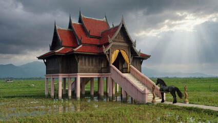 AI Generated: Traditional Malay Wooden House
A hyper-realistic cinematic wide shot of a majestic traditional Malay wooden stilt house with multiple gabled roofs. The house stands elevated on tall stil