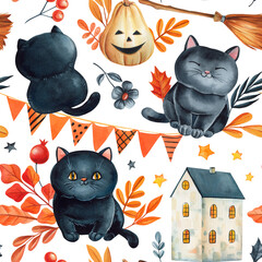 Black cats pumpkin lantern garland house and autumn leaves festive watercolor seamless pattern background