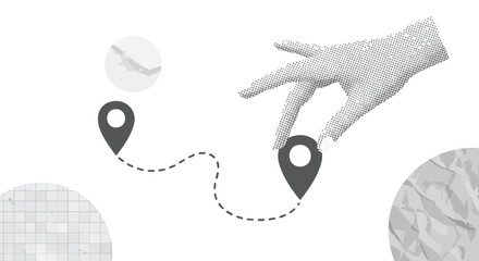 Strategic hand places pin on route map, visualizing destination planning and modern logistics with minimalist design elements