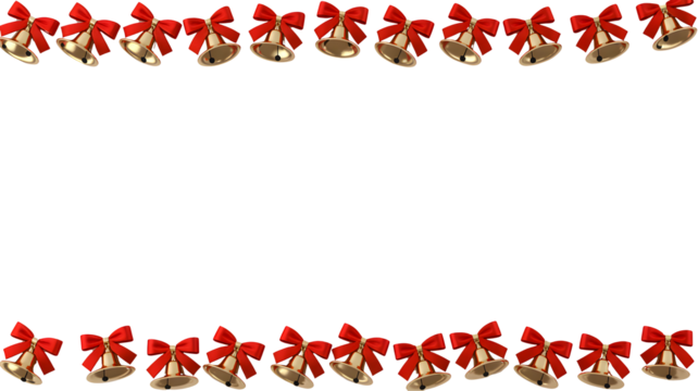 Festive row of golden christmas bells with red bows creating a decorative border isolated on transparent background