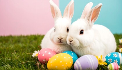 Two white rabbits with Easter eggs