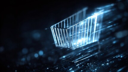 Shopping cart speeding through binary code representing online shopping