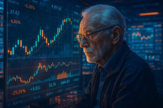 Senior man analyzing financial data on computer screen