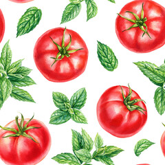 Red ripe tomatoes and fresh mint leaves watercolor seamless pattern healthy organic vegetable food background