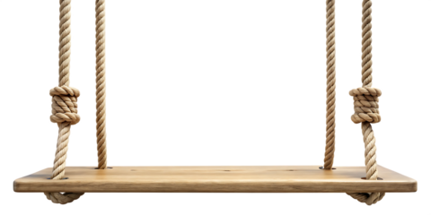 Wooden plank swing with thick rope details isolated on a transparent background seat