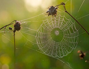 Dew-kissed spiderweb in morning light