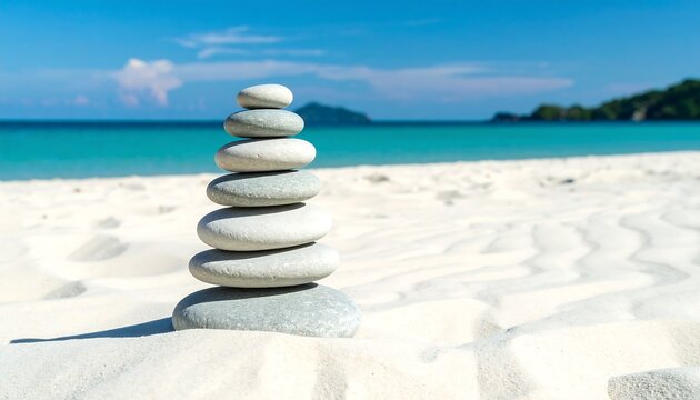 Serene beach scene with balanced stones - Powered by Adobe
