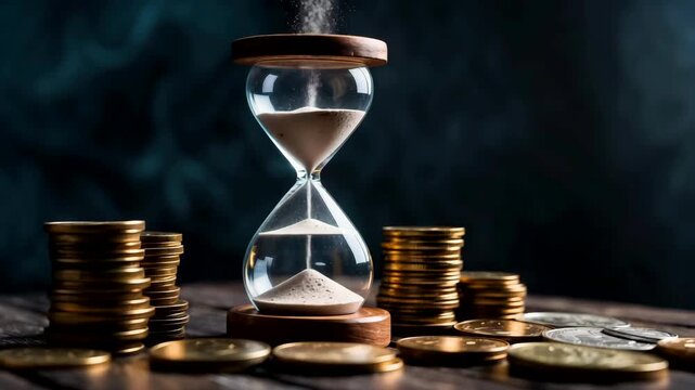Hourglass Placed on Stack of Coins Representing Time Value and Financial Investment Concept