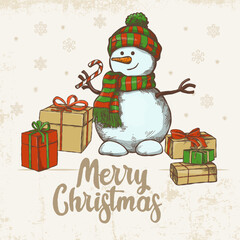Hand-drawn Christmas illustration with a snowman surrounded by gifts on a light textured background with snowflakes.