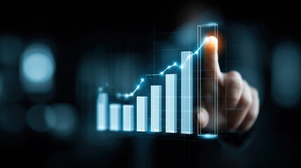Finger points to glowing digital bar chart on futuristic background. Great for fintech, dashboards, business reports, slides, and ads about growth, data analysis, profit, and performance.