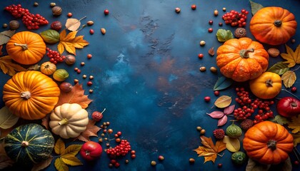 Autumnal arrangement of pumpkins, gourds, berries, and leaves on a blue background