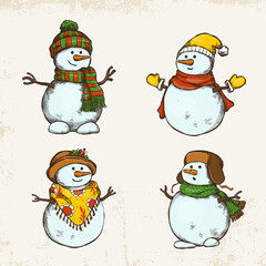 Hand-drawn Christmas set with different snowmen in hats and scarves on a light textured background in vintage style.