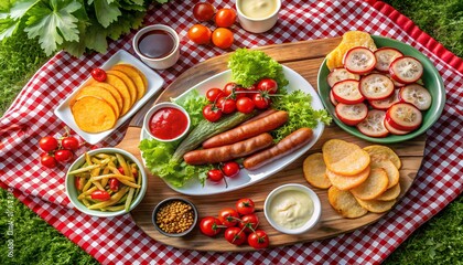 A delightful picnic spread featuring sausages, vegetables, and various condiments