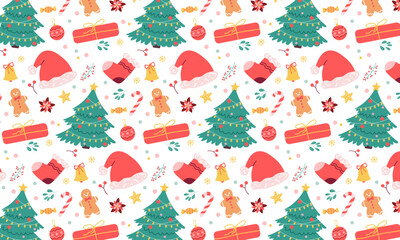 Christmas Seamless  Pattern with Tree, Hat, Candy, Cookies, Gift, Bell and Stars. Christmas Background. Vector Illustrations