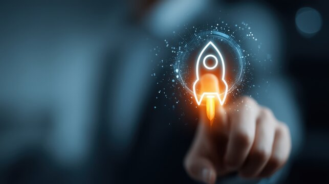 Business hand taps glowing rocket icon on dark background. Useful for startup launches, innovation slides, websites, and ads about projects, ambition, acceleration, and business success.