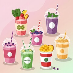 Assortment of Fresh Fruit Smoothies in Clear Cups with Straws and Toppings