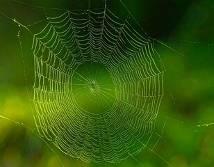 Dew-kissed spiderweb in vibrant green forest