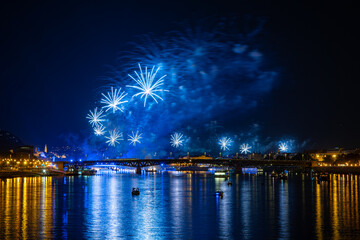 Colorful fireworks over river Danube in Budapest, Hungary