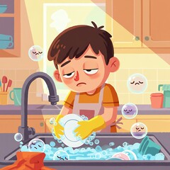 Bored Child Wearing Apron and Yellow Gloves Washes Dishes in Kitchen Sink