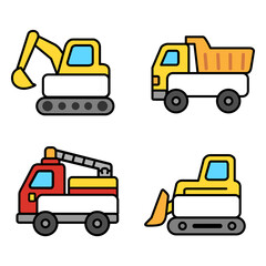  Cartoon construction vehicle name tags set with excavator, dump truck, fire truck, and bulldozer. Cute design with blank space for text. Perfect for kids, school, party, sticker, label, and education