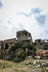 Fototapeta premium its silhouette evokes a battleship Gunkanjima 2012