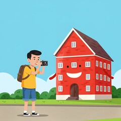 Cartoon boy with backpack photographs a smiling red house with a camera