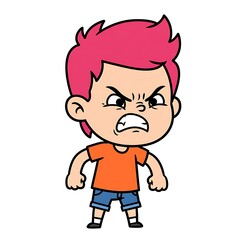 Cartoon boy with spiky pink hair showing an angry expression and clenched fists