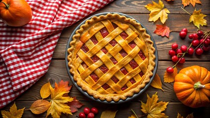 Overhead shot of a latticetopped pie surrounded by fall foliage and pumpkins