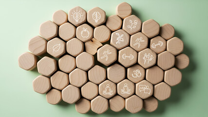 Wooden Blocks with Health and Wellness Icons, Collection of round wooden blocks with engraved icons representing healthcare and wellness.