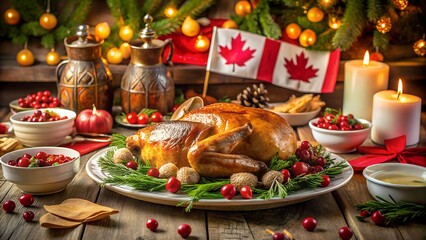 Festive canadian thanksgiving dinner with turkey, flag, and decorations