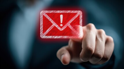 Business hand touches glowing red warning email icon on dark screen. Useful for cybersecurity, phishing alerts, spam detection, presentations, and ads about safe communication and protection.