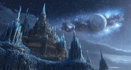 Enchanting Ice Castle Under a Cosmic Sky.
