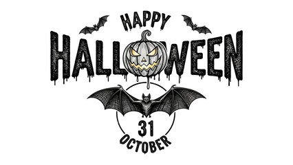 Spooky Halloween Illustration: A vintage-style Halloween illustration with a jack-o'-lantern, bats, and the text Happy Halloween, set against a stark backdrop of monochrome design.