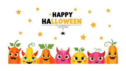 Obraz premium Spooky pumpkins celebrating Halloween: A vibrant Halloween design featuring an array of cute, smiling pumpkins, perfect for adding a touch of fun to your autumn celebrations.