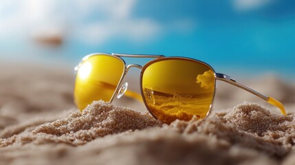 A pair of yellow sunglasses half-buried in beach sand beside a glistening swimming pool under a blue sky
