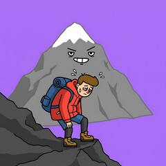 Cartoon hiker struggling on rocky mountain with menacing mountain face in background