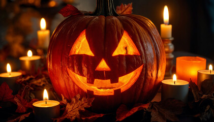 Carved Halloween pumpkin with a spooky face surrounded by candles and autumn leaves