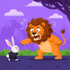 Cartoon Lion Scared of a Rabbit in a Suit