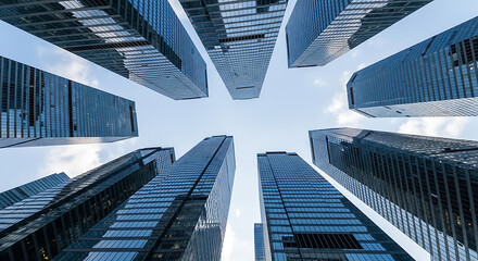 Looking up at towering modern skyscrapers from below in a city business district buildings architecture