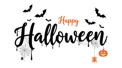 Happy Halloween Design: A whimsical design spells out Happy Halloween with playful fonts, spooky elements of spider, bat, and carved pumpkin.