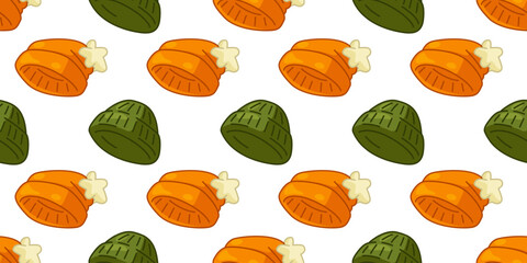 Seamless Cartoon Winter Beanie Beanies hats warm clothing cartoon flat style seamless pattern with green and orange knitted winter headwear isolated on white background.